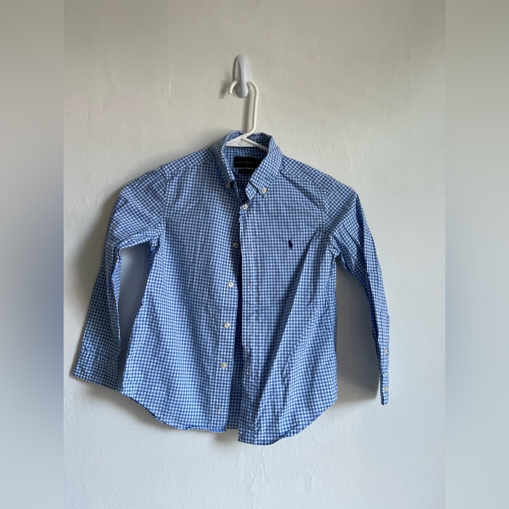 6 POLO by RALPH LAUREN boys checkered blue white button up cotton oxford shirt